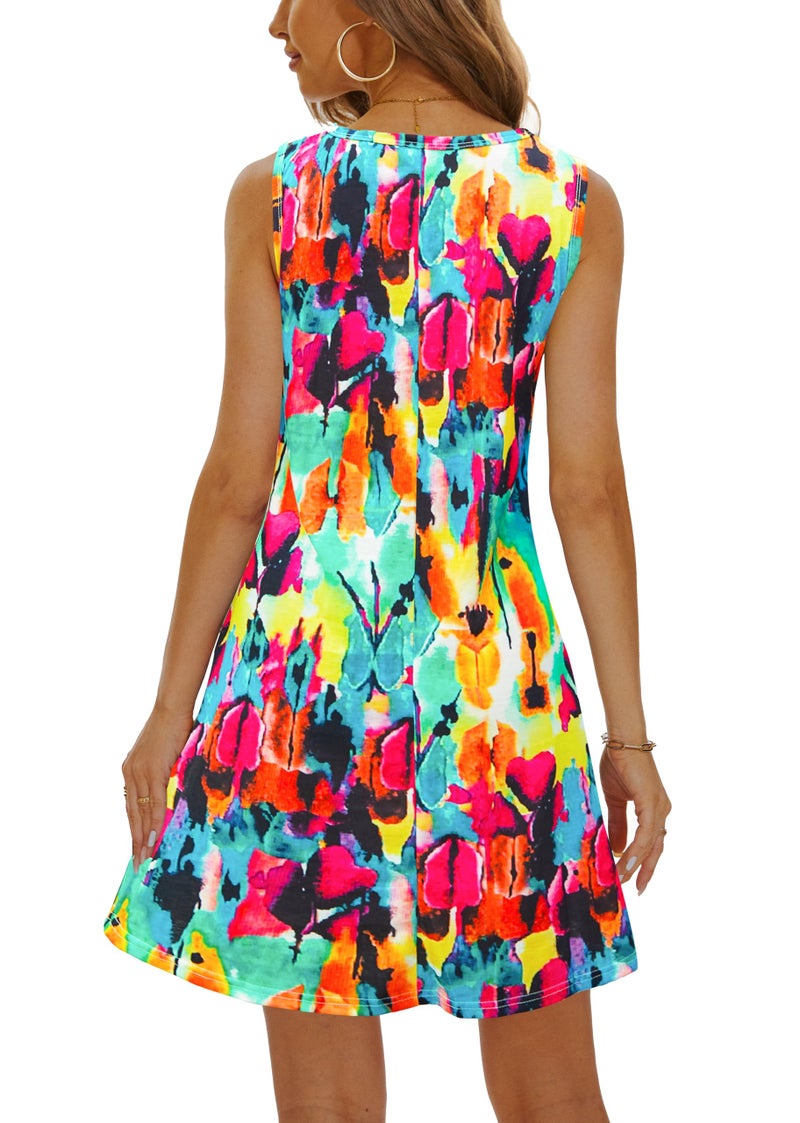 MOSKILL Summer Dresses for Women 2026 Casual Sundresses Beach Cover Ups Sleeveless Tshirt Swing Dress with Pockets L Rainbow - Image 4